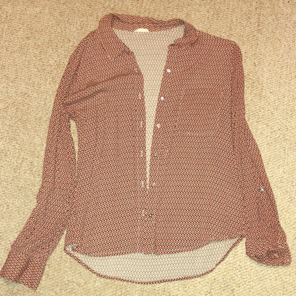 Soft Joie orange and navy geometric button down